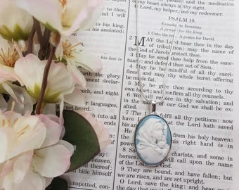 Small Blue Our Lady Cameo Necklace, Blue Cameo, Virgin Mary Necklace, Our Lady Necklace, Catholic Necklace, Catholic Cameo Necklace