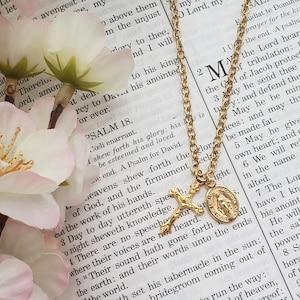 SET: Crucifix and Miraculous Medal Necklace, Dainty Catholic Necklace, Catholic Jewelry