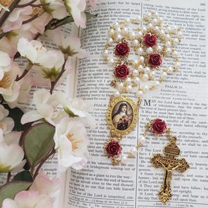 St. Therese Rosary, St. Therese of Lisieux Rosary, Handmade 5 Decade Catholic Rosary Beads With Rose Our Father Beads | Catholic Gift