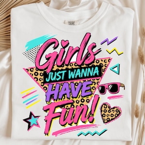 Tjejer vill bara ha kul png 80-talet | Neon Retro Konst för Tjejresa | Hot Pink Sublimation Leopard Print Citat | Digital Nedladdning