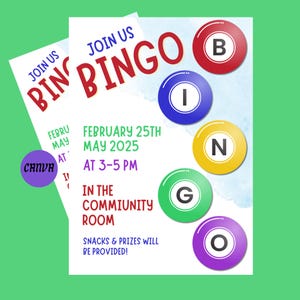 May include: A colorful invitation to a Bingo game. The invitation is on a white background with a blue watercolor wash. The text reads "Join Us Bingo" in red letters. The date is February 25th, 2025, and the time is 3-5 PM. The location is "In the Community Room". The invitation also states that snacks and prizes will be provided.