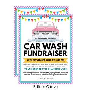 Volante de recaudación de fondos para lavado de autos / Plantilla editable para eventos escolares / Invitación digital / Anuncio de lavado de autos benéfico / Invitación editable