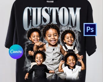 Może przedstawiać: Czarny T-shirt z srebrnym nadrukiem "CUSTOM" i kolażem pięciu zdjęć małych dzieci. Zdjęcia są ułożone w kółko wokół tekstu. T-shirt ma postarzony wygląd i jest wykonany z miękkiego, wygodnego materiału.