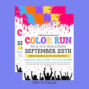 May include: A colorful flyer for a 5K and 10K walk/run event called "Color Run" taking place on September 25th. The flyer features a colorful paint splatter design and a silhouette of people celebrating. The event is open to the public and registration opens at 9 AM. The race starts at 10 AM.