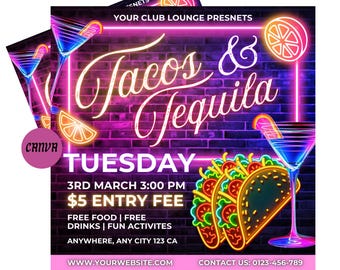 Tacos And Tequila Flyer | Taco Tuesday Club Flyer | Taco Tuesday Flyer Canva | Taco Tuesday Flyer Canva | Taco Tuesday Editable Flyer