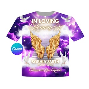 Puede incluir: Camiseta morada con un gr&aacute;fico de alas de &aacute;ngel doradas, nubes y palomas. El texto "In Loving Memory Of" y "Sophia Smith" est&aacute; impreso en la camiseta.