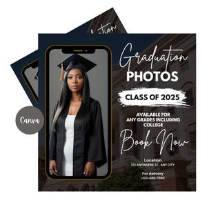 以下が含まれることがあります： 黒い帽子とガウンを着た女性の画像が載った、黒と金の卒業写真のお知らせ。テキストには「卒業写真 2025年度」と「今すぐ予約」と書いてあります。