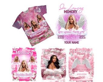 May include: A collection of five pink Canva templates with the words "In Loving Memory." The templates feature images of women, angel wings, clouds, and floral accents. One template is a t-shirt design.