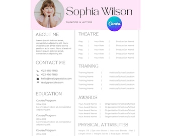 Può includere: Un modello di curriculum vitae rosa e bianco con una foto di una ragazza. Il curriculum include sezioni per "Informazioni su di me", "Contatti", "Istruzione", "Teatro", "Formazione", "Premi" e "Caratteristiche fisiche".