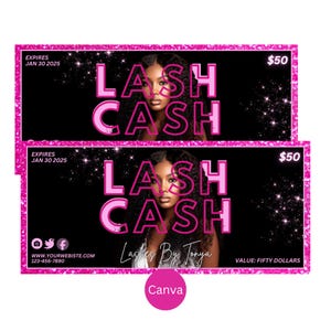 Lash Cash テンプレート | ギフト券テンプレート | 編集可能なギフト券 | Lash Cash | 印刷可能なバウチャー | カスタマイズ可能な美容バウチャー