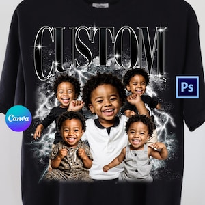 以下が含まれることがあります： 黒のTシャツに、4人の幼い子供たちの写真のコラージュがプリントされています。写真は、大きな太字の白い文字で「CUSTOM」という単語の周りに円形に配置されています。背景は白黒の抽象的なデザインです。