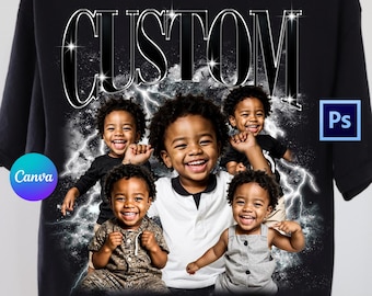 May include: Black t-shirt with a collage of photos of four young children. The photos are arranged in a circle around the word "CUSTOM" in large, bold, white letters. The background is a black and white abstract design.