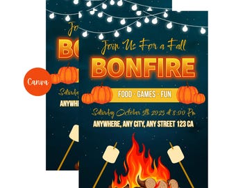 Bonfire Party Flyer | Customizable Fall Event Invitation | Editable Autumn Invitation Template | Rustic Design | Canva Template
