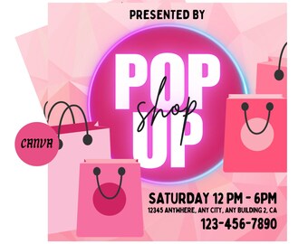 Puede incluir: Un folleto rosa y blanco con un círculo rosa neón alrededor del texto "POP Shop UP". El folleto anuncia un evento de tienda emergente el sábado de 12 PM a 6 PM. El folleto incluye la dirección 12345 Anywhere, Any City, Any Building 2, CA y el número de teléfono 123-456-7890.