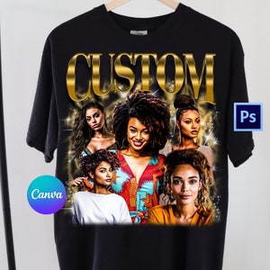 May include: Black t-shirt with a gold "CUSTOM" graphic and a collage of five women with different hairstyles. The women are smiling and looking at the camera.