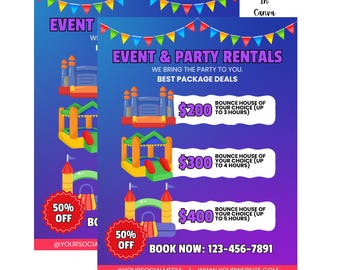 Volante de alquiler de castillos inflables y fiestas / Plantilla editable para fiestas infantiles / Alquiler de eventos divertidos / Invitación para castillo inflable DIY / Plantilla de Canva