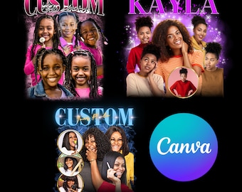 May include: A digital design template featuring a collage of photos of Black women and girls. The template has a pink and purple background with the word "KAYLA" in large pink letters at the top. The template also includes the words "CUSTOM YOUR PHOTOS" in blue and gold letters. The template is designed to be used for creating personalized photo gifts.