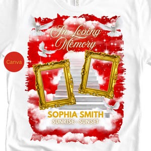 Memorial Shirt Template Canva Red | In Loving Memory Shirt Design | Rip Shirt Png | Stairway To Heaven Background | Canva Template