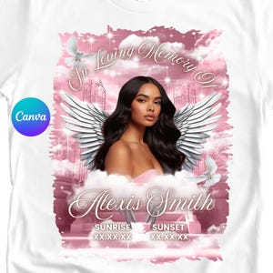 Może przedstawiać: Biały t-shirt z różowo-białym wzorem graficznym przedstawiającym kobietę z anielskimi skrzydłami. Grafika zawiera napis "In Loving Memory Of Alexis Smith" wraz z datami wschodu i zachodu słońca.
