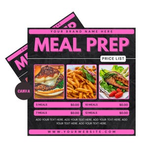 Puede incluir: Una lista de precios de preparación de comidas con fondo negro y detalles en rosa. El texto "MEAL PREP" se muestra de forma destacada. La lista incluye imágenes de comidas, con opciones para 5, 7, 10 y 12 comidas. La dirección del sitio web está en la parte inferior.