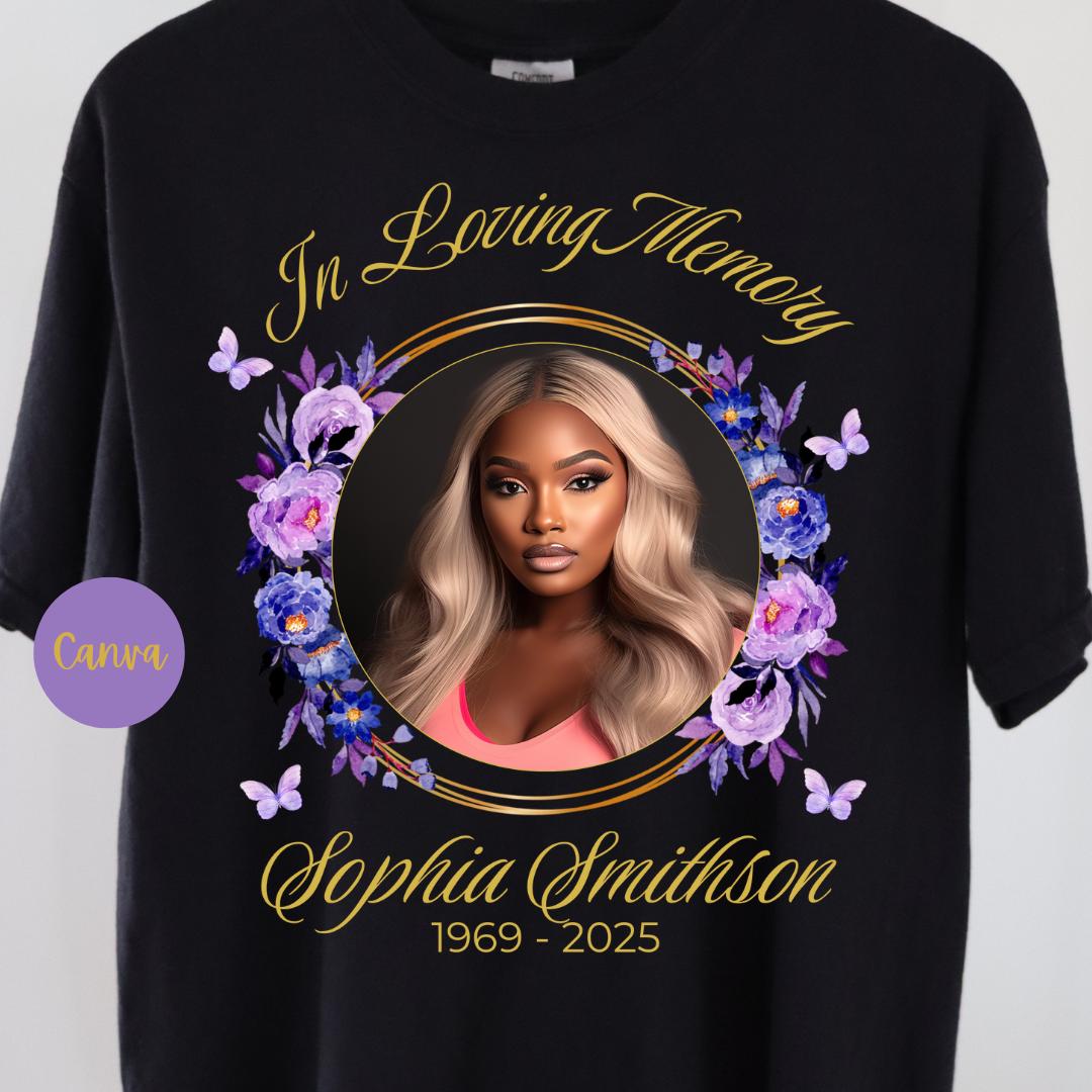Rip Shirt Template Purple Canva | Forever In Our Hearts With Butterflies Png | Rip Shirt Png |  Memorial T-Shirt Design | Canva Template