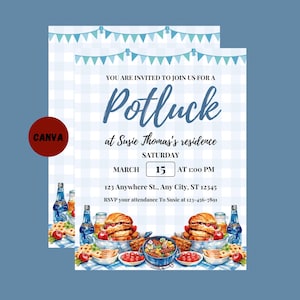 Op de afbeelding: Een blauw-wit geblokte uitnodiging voor een potluck bij Susie Thomas op zaterdag 15 maart om 13:00 uur. De uitnodiging bevat een aquarel-illustratie van eten en drinken, waaronder hamburgers, hotdogs en drankjes.