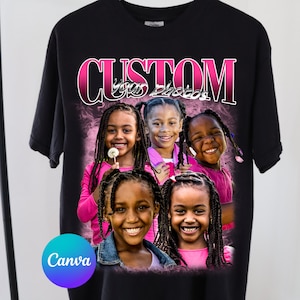 Peut inclure: T-shirt noir avec un graphique rose "CUSTOM your photos" représentant quatre jeunes filles aux cheveux tressés. Les filles sourient et portent des chemises roses.