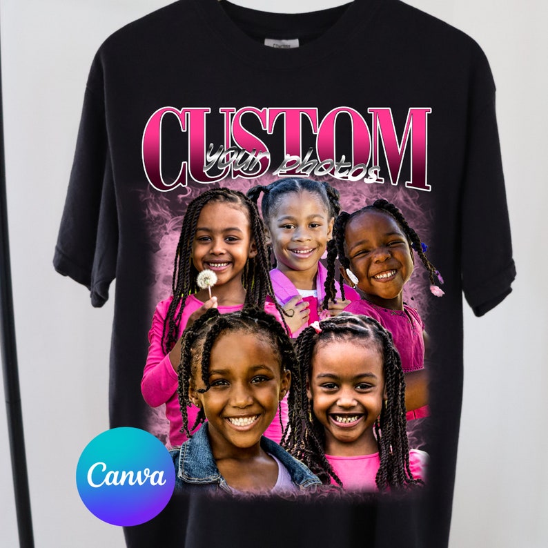 May include: Black t-shirt with a pink "CUSTOM your photos" graphic featuring four young girls with braided hair. The girls are smiling and wearing pink shirts.