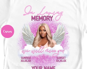 May include: White t-shirt with a memorial design. The design features a woman with angel wings, the text "In Loving Memory", "we will miss you", and space for a name. Pink and purple accents are used throughout the design.