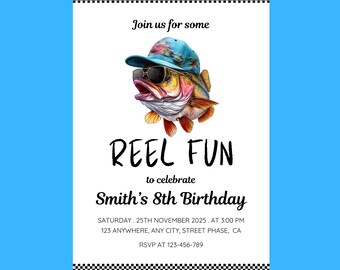 May include: A birthday invitation with a cartoon fish wearing sunglasses and a blue hat. The text reads "Join us for some REEL FUN to celebrate Smith's 8th Birthday. Saturday, 25th November 2025, at 3:00 PM. 123 Anywhere, Any City, Street Phase, CA. RSVP at 123-456-789"