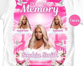 Em memória amorosa Fundo rosa | Modelo de camiseta em memória amorosa | Design de camiseta memorial | Modelo editável Canva