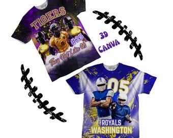 May include: Two football-themed t-shirts. One is purple and black with the word "Tigers" and the text "They Not Like Us". The other is blue and white with the word "Royals" and the text "Washington".