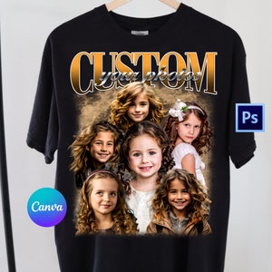 Peut inclure: T-shirt noir avec le texte "CUSTOM your photos" en lettres dorées. Le t-shirt présente un collage de six photos de jeunes filles aux cheveux bouclés.