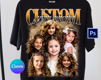 May include: Black t-shirt with the text "CUSTOM your photos" in gold letters. The shirt features a collage of six photos of young girls with curly hair.