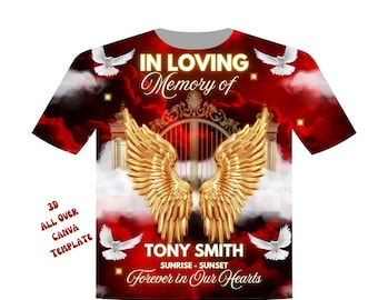 Plantilla de camiseta conmemorativa Canva roja / Camiseta conmemorativa 3D Canva / En memoria amorosa / Diseño de camiseta de funeral / Diseño de camiseta 3D por todas partes