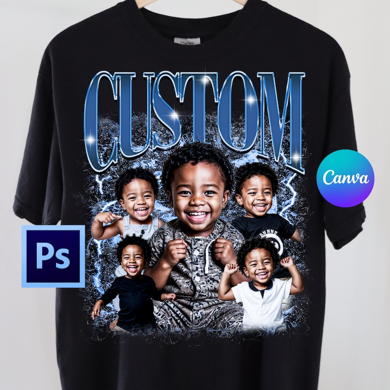 Peut inclure: Un t-shirt noir avec un motif graphique bleu et blanc repr&eacute;sentant le mot "CUSTOM" dans un style r&eacute;tro. Le graphique comprend &eacute;galement plusieurs images de jeunes enfants.