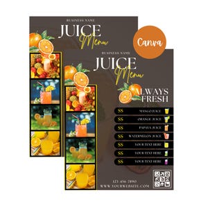 Ulotka baru z sokami | Menu napojów | Szablon menu soków | Szablon Canva | Edytowalna ulotka | Biznes baru z sokami | Menu koktajli