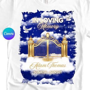 Memorial T-Shirt Template Blue | Memorial TShirt Template Dtf Dtg | Heavens Gate Backgrounds | In Loving Memory Shirt Png | Canva Template