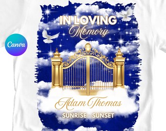 Puede incluir: Una camiseta blanca con un diseño de nubes azules y blancas. El diseño presenta una puerta dorada con las palabras "In Loving Memory" y "Adam Thomas" con las palabras "Sunrise - Sunset" debajo.