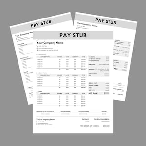 May include: Black and white pay stub template with the text "PAY STUB" at the top. The template includes sections for earnings, deductions, taxes, and net pay. The template also includes fields for employee information, pay date, and payroll voucher number.