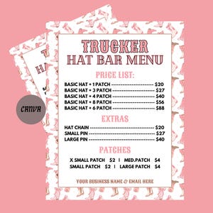 Hat Bar Price Template | Trucker Hat Bar Price List Template | Hat Bar Pricing Template | Trucker Hat Bar Pricing Template | Canva Template