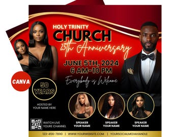 May include: A red and black flyer with gold accents announcing the 25th anniversary of Holy Trinity Church. The flyer includes the date June 5th, 2024, the time 6 AM to 10 PM, and the text "Everybody is Welcome".
