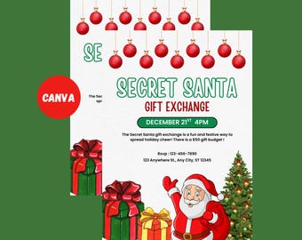 Pode incluir: Um convite festivo para uma troca de presentes de Secret Santa. O design apresenta enfeites vermelhos, caixas de presente e uma ilustração do Papai Noel. O texto diz "Secret Santa Gift Exchange, 21 de dezembro, 16h."
