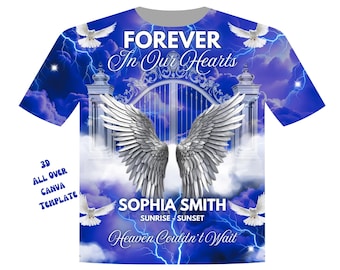 Puede incluir: Una camiseta azul con una puerta blanca, alas de ángel y palomas. El texto "FOREVER In Our Hearts" está en la parte superior de la camiseta. El texto "SOPHIA SMITH SUNRISE SUNSET Heaven Couldn't Wait" está en la parte inferior de la camiseta.