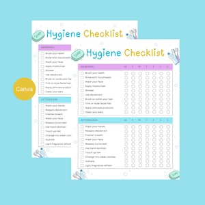 May include: Two hygiene checklist printables with a light blue background. The checklists have a pink and blue color scheme with the words "Hygiene Checklist" at the top. The checklists include morning and afternoon routines with checkboxes.