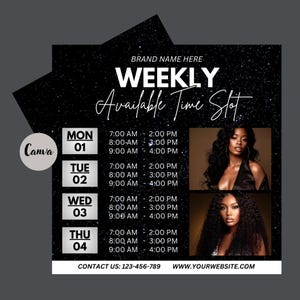 May include: A black and white graphic with a starry background. The graphic lists weekly available time slots for appointments. The text includes the days of the week, times, and contact information. The graphic also includes two images of a woman with long, dark hair.