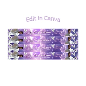 May include: A banner design with a purple and white background, featuring the text "Rip Adam Smithson" and "Gone But Never Forgotten." The design includes images of doves and a person in a suit. The date "December 10 2024" is also present.