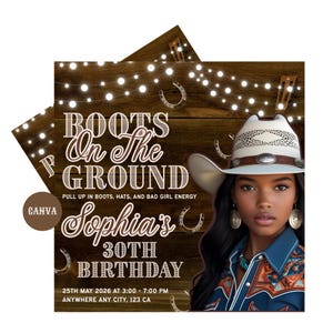 Boots On The Masse Geburtstagsflieger | Bearbeitbare Westerneinladung | Digital Cowgirl Party einladen | Spaß Hoedown Theme | Canva Vorlage