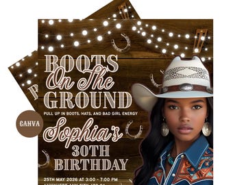 May include: A digital invitation with a rustic wood background, string lights, and horseshoe accents. The text reads "BOOTS On The GROUND" and "Sophia's 30th Birthday." A woman in a cowboy hat is featured. The invitation includes date, time, and location details.