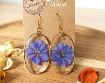 Boucles d'oreilles résine et vraies fleurs séchées, bijoux résine, bohème et chic.